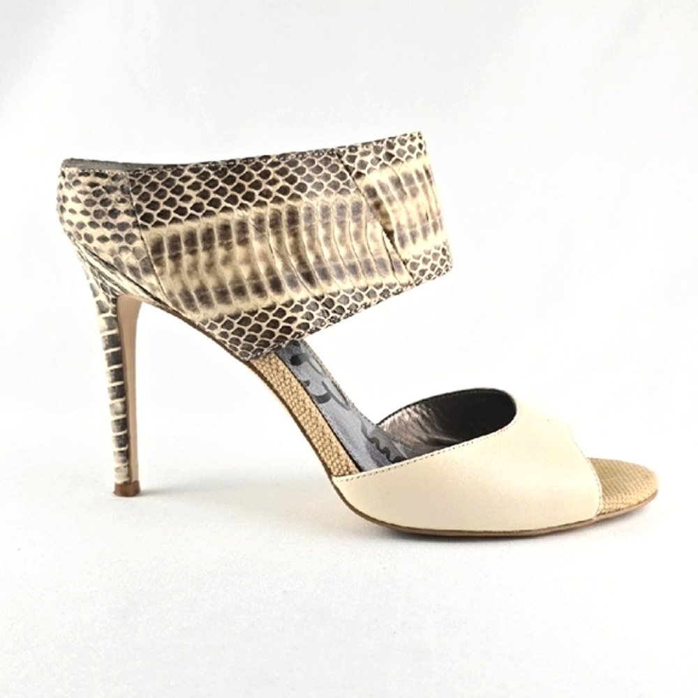 Women’s Open-Toe High Heel Sandal in Beige and Snake Print